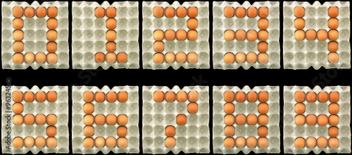 Number 0 to 9 show by eggs isolated on black background