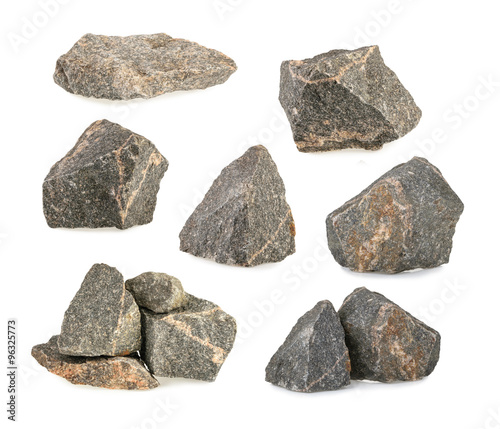 Granite stones, rocks set isolated on white background photo
