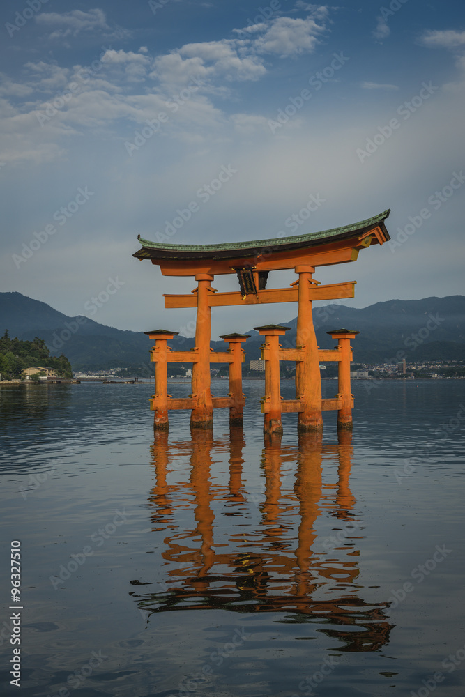 Early morning at the famous floating torii gate of the Itsukushi