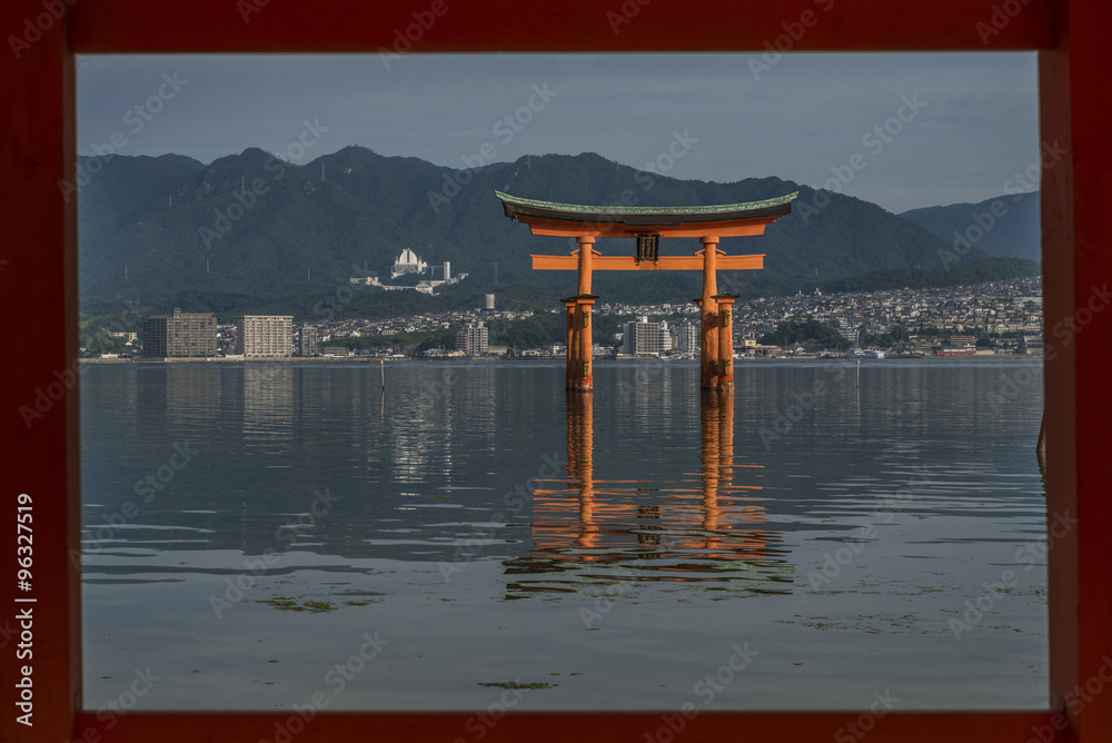Early morning at the famous floating torii gate of the Itsukushi