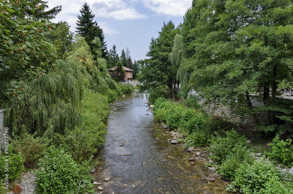 View toward river, rest-house and highly varied plant, Chepinska reka, Velingrad, Pazardzhik  province, Bulgaria 