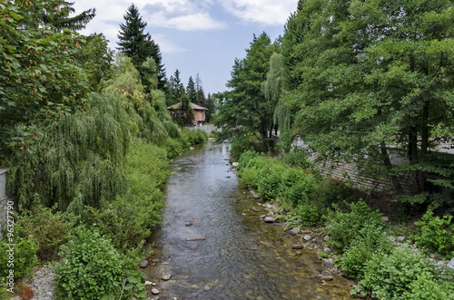 View toward river, rest-house and highly varied plant, Chepinska reka, Velingrad, Pazardzhik  province, Bulgaria 