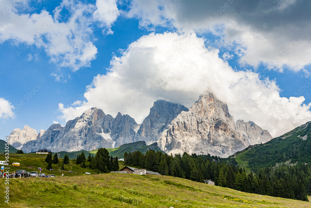 Obraz premium pass in the Alpes Passo di Rolle, old ancient Pass in the dolomi