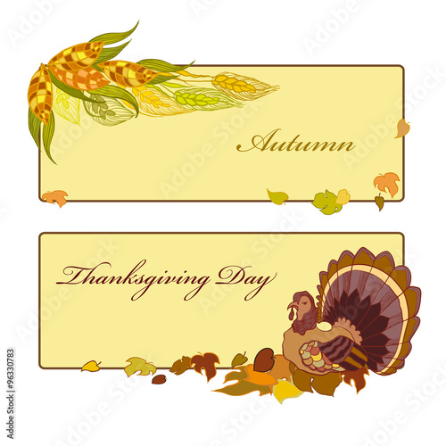 Thanksgiving day banner with corn, pumpkin and autumn leaves.