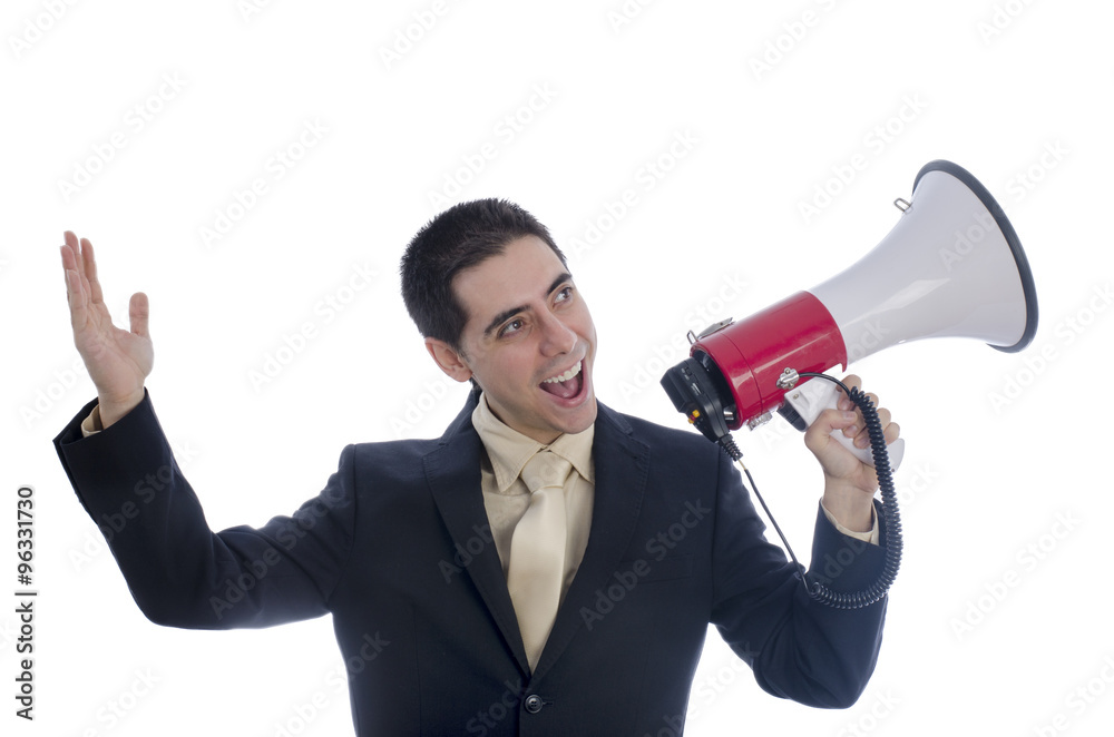 Man dressed in suit and tie shouting through megaphone. Man dressed in suit and tie shouting through megaphone.