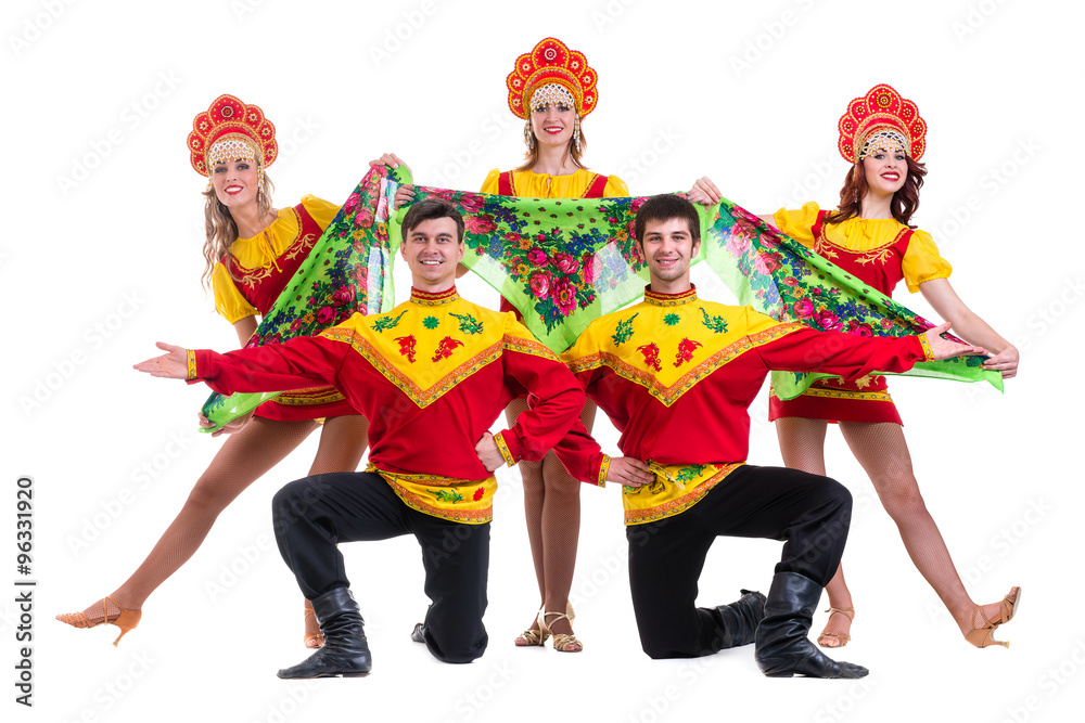 Dancer team wearing a folk costumes isolated on white Dancer team wearing a folk costumes isolated on white