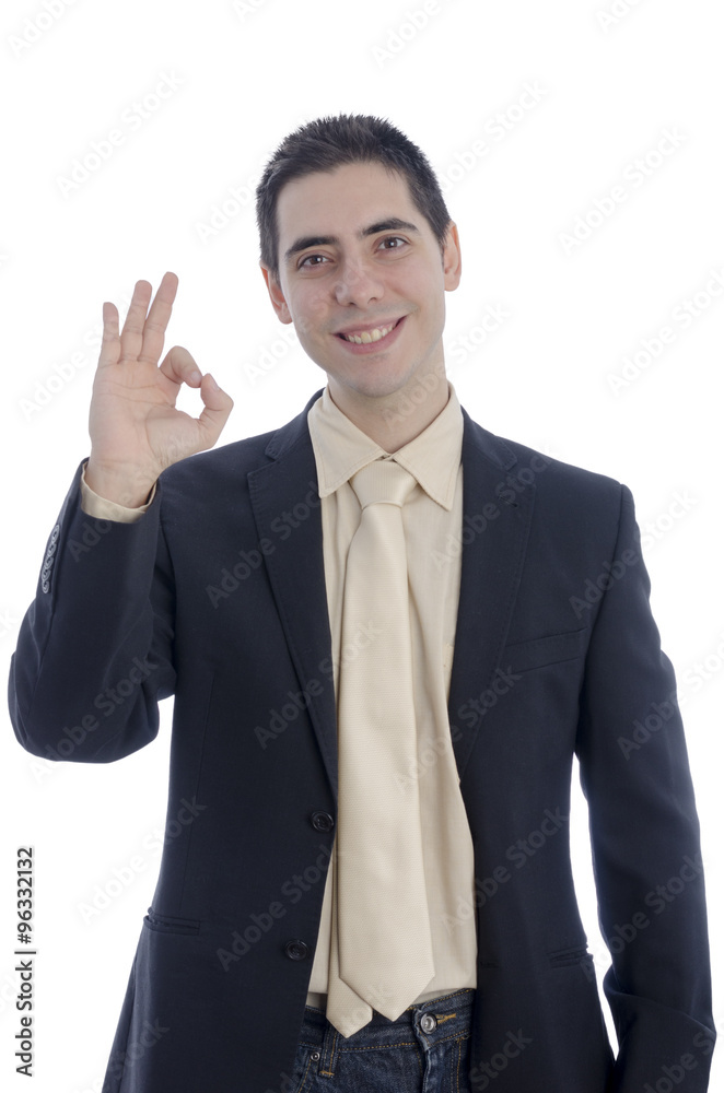 Man in business making the OK gesture over white. Man in business making the OK gesture over white.