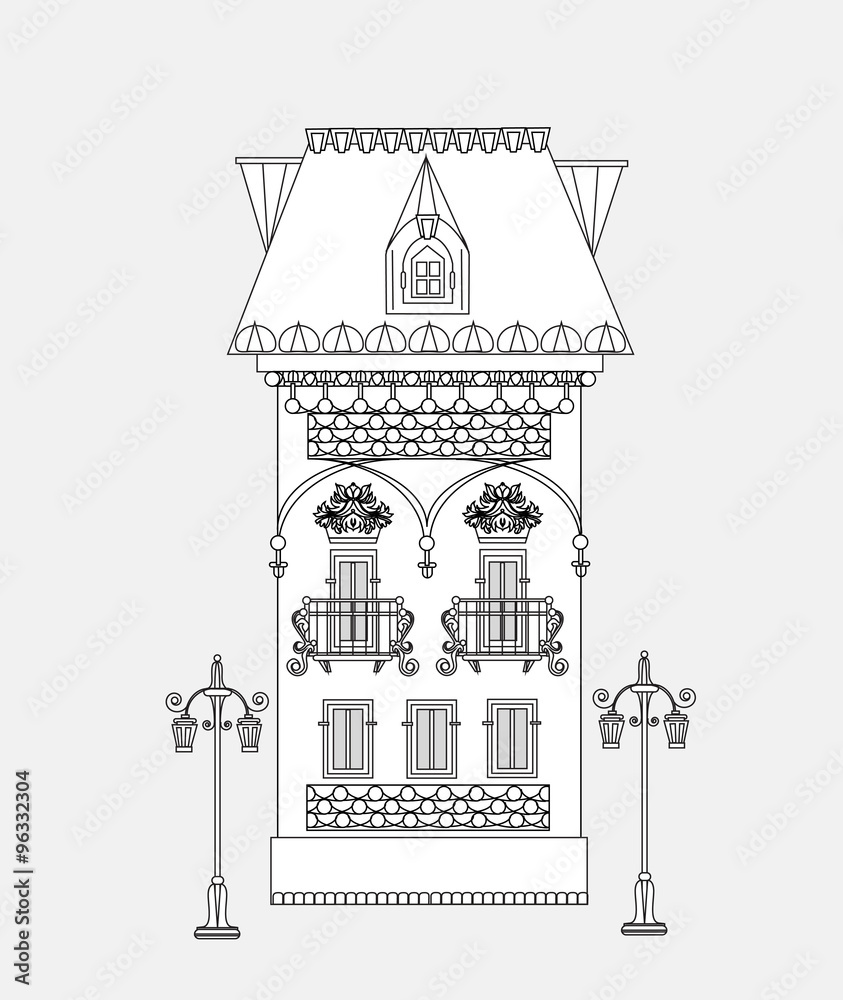 City house, very detailed editable doodle 