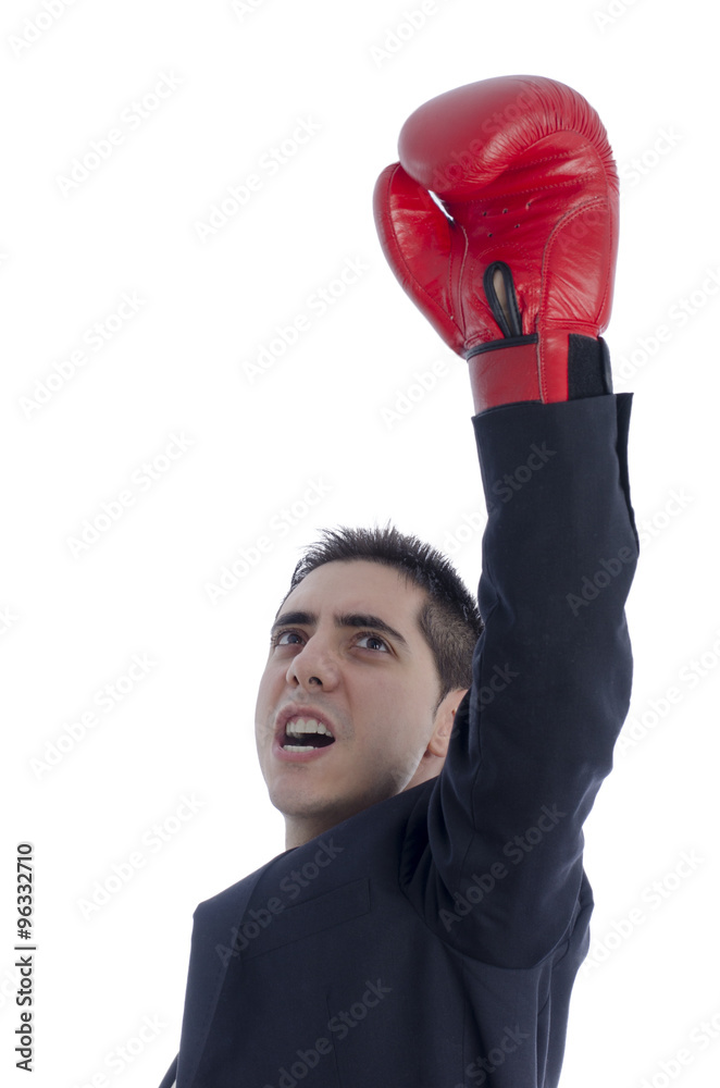 Man in suit with red boxing gloves celebration his victory. Man in suit with red boxing gloves celebration his victory.
