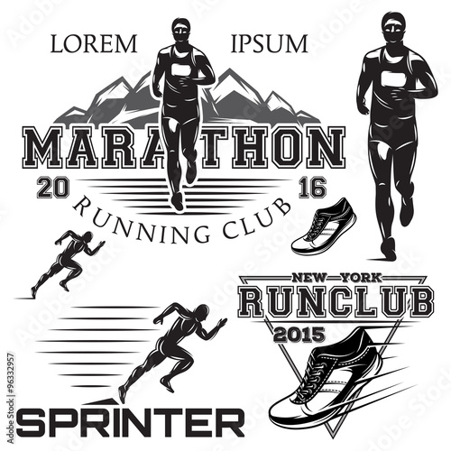 set black and white sports emblems for the sprint and marathon