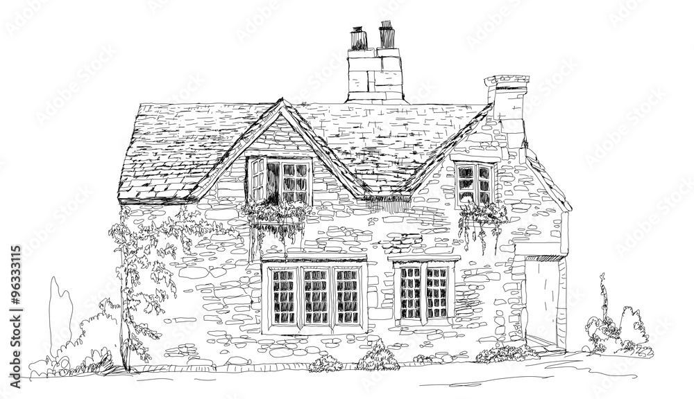 Old english stone cottage, sketch collection