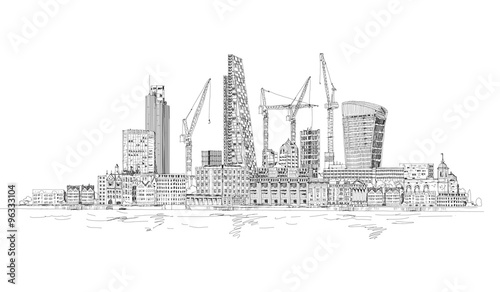 Modern London view from the River Thames  very detailed Illustration with lots of cranes and building construction sites