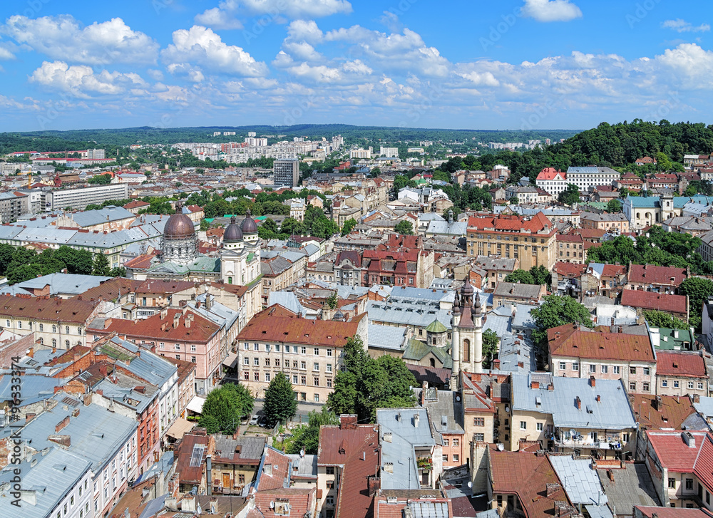 View of the northern and north-western part of Lviv from the tower of City Hall, Ukraine