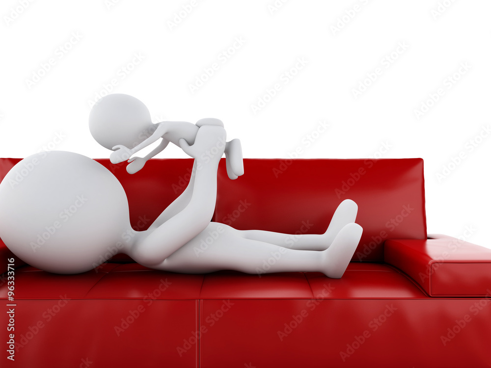 3d Father playing with her baby as lying on sofa 3d Father playing with her baby as lying on sofa