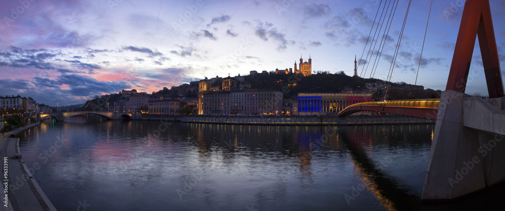 Sunset on the soane river at Lyon, France