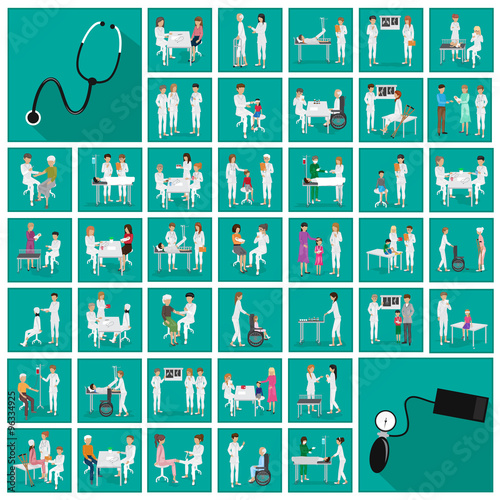 Medical Staff And Patients Different Situations - Isolated On Blue 
