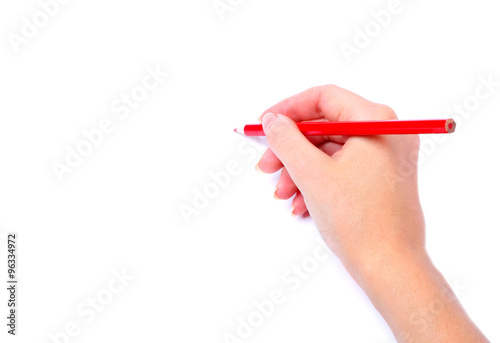red pencil in hand  isolated white background