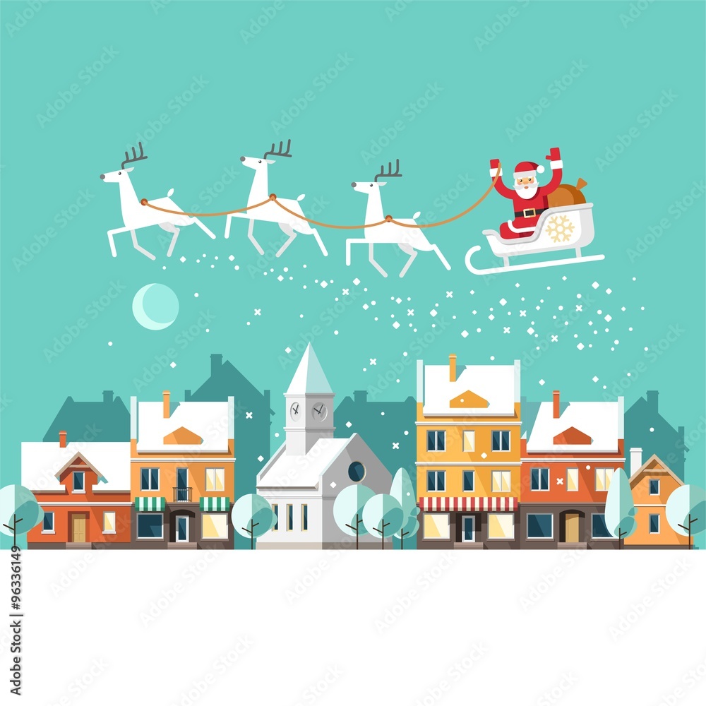 Obraz premium Santa Claus on sleigh and his reindeers. Winter town. Urban winter landscape. Christmas card. Vector illustration, flat style.