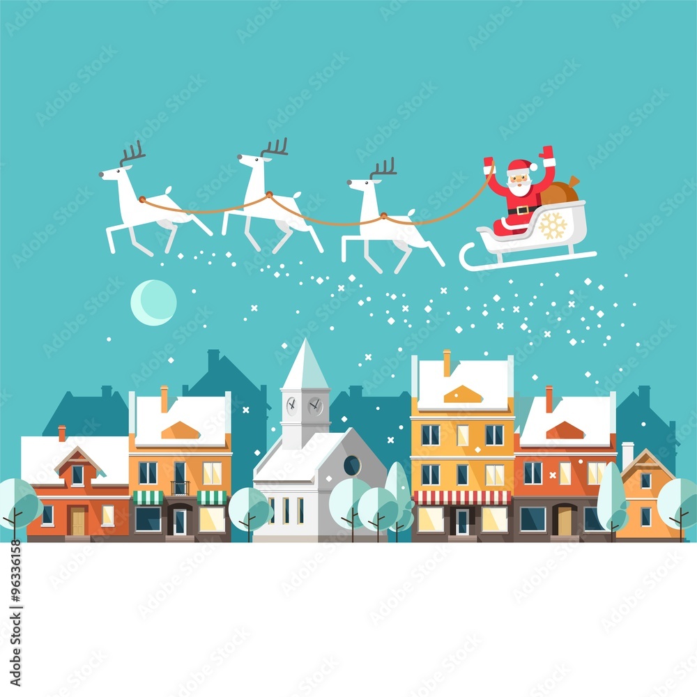 Santa Claus on sleigh and his reindeers. Winter town. Urban winter landscape. Christmas card. Vector illustration, flat style.