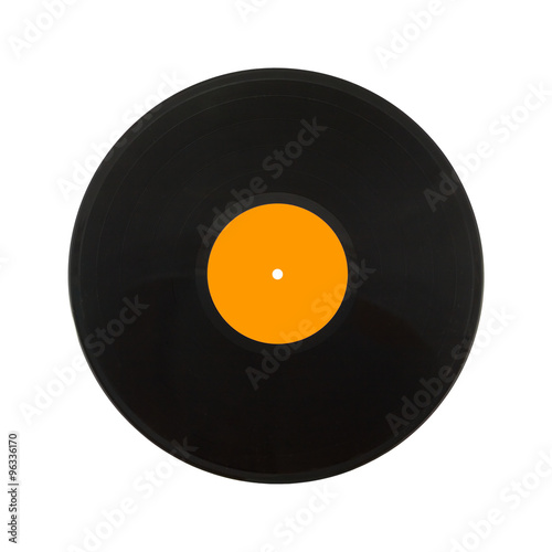 Single black long-play vinyl record with orange label isolated on white background. Square Photo closeup