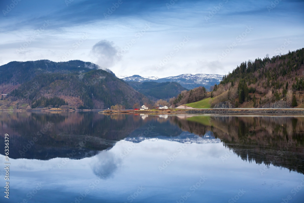 Rural Norwegian landscape with still lake water