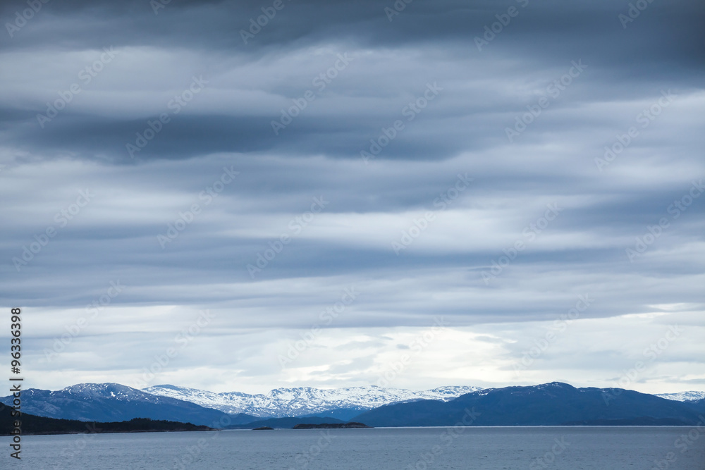 Norwegian sea, dark blue coastal landscape