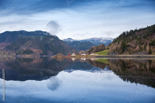 Rural Norwegian landscape with still lake water