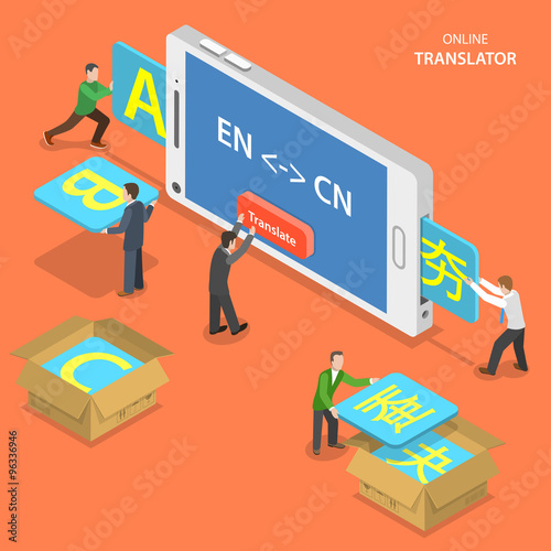 Online translator isometric flat vector concept.