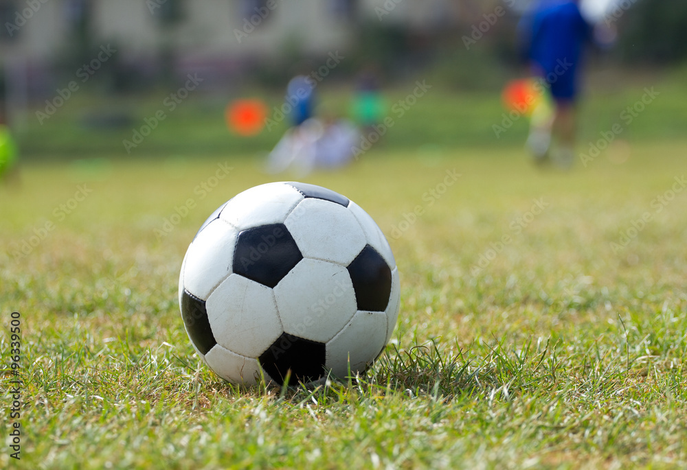 Fototapeta premium Soccer ball on the grass and coach children
