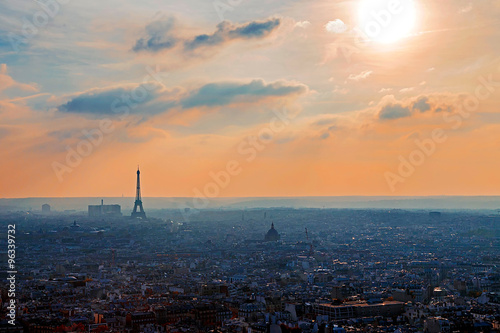 Panoramic aerial view at one sunset in Paris