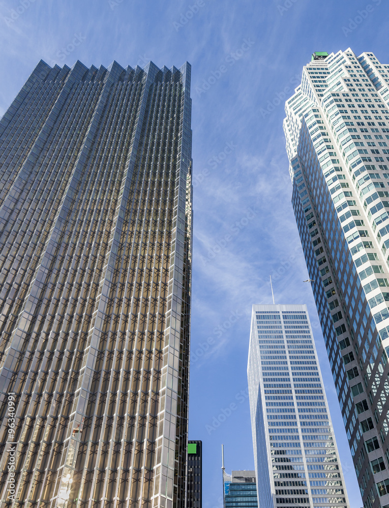 Skyscrapers in the Financial District of Downtown Toronto, view from below.