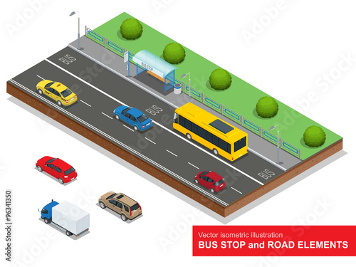 Bus stop. Set of the isometric bus, sedan, taxi, cargo, mini and bus stop.
