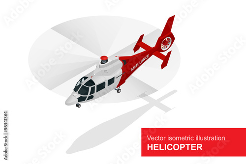 Red helicopter. Vector isometric illustration of Medical evacuation helicopter. Air medical service.