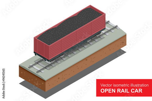 Open rail car for transportation of bulk cargoes. Rail covered wagon. Vector isometric illustration of rail covered wagon. Rail freight transportation.
