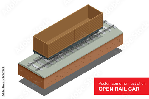 Open rail car for transportation of bulk cargoes. Rail covered wagon. Vector isometric illustration of rail covered wagon. Rail freight transportation.