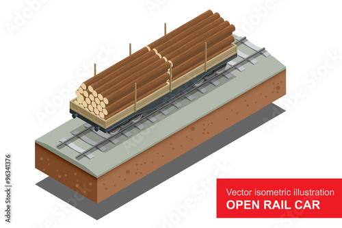 Open rail car for transportation of bulk cargoes. Vector isometric illustration of open platform railway freight car. Rail freight transportation.