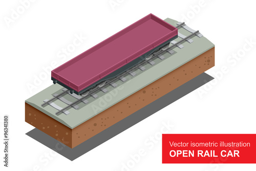 Open rail car for transportation of bulk cargoes. Vector isometric illustration of open platform railway freight car. Rail freight transportation.