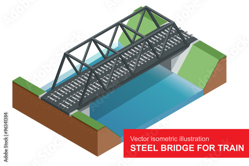 Vector isometric illustration of Steel bridge for Train. Steel bridge for Train. Vehicles designed to carry large numbers of passengers and transporting cargo. Isolated vector illustration.