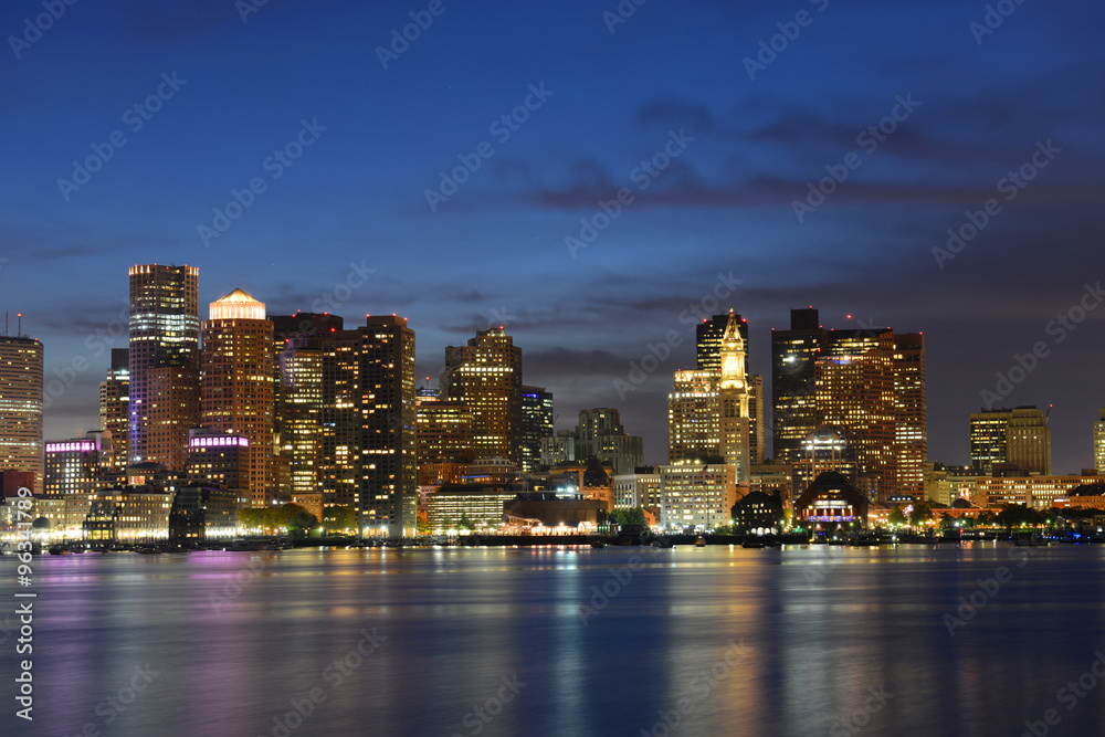 Boston City Skyscrapers, Custom House and Boston Waterfront at night from East Boston, Boston, Massachusetts, USA