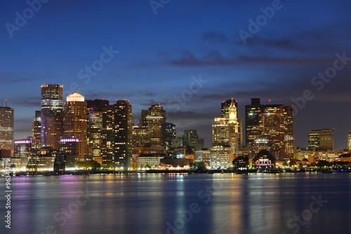 Boston City Skyscrapers  Custom House and Boston Waterfront at night from East Boston  Boston  Massachusetts  USA