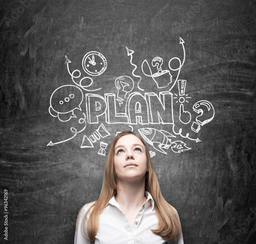 A young thoughtful business lady is dreaming about building of a business plan for business development. Business plan sketch is drawn on the black chalkboard.