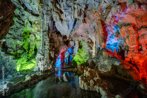 Colorful illumination in Dau Go cave in Halong Bay,  Vietnam