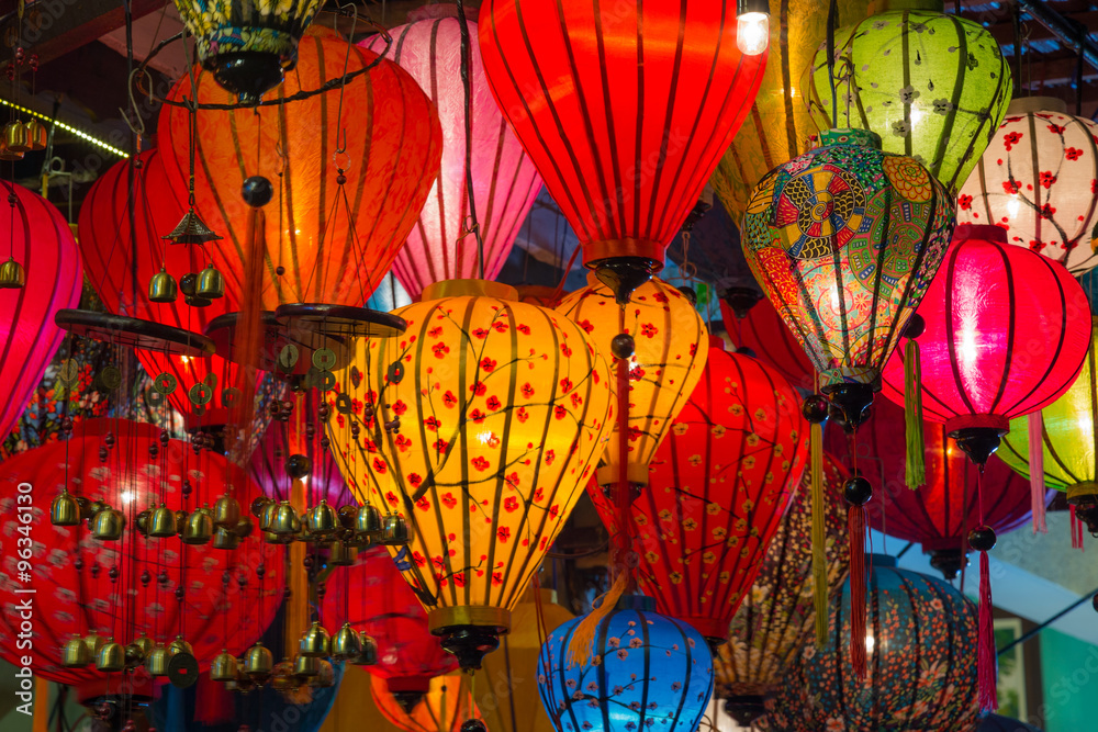 Paper lanterns on the streets of old Asian  town