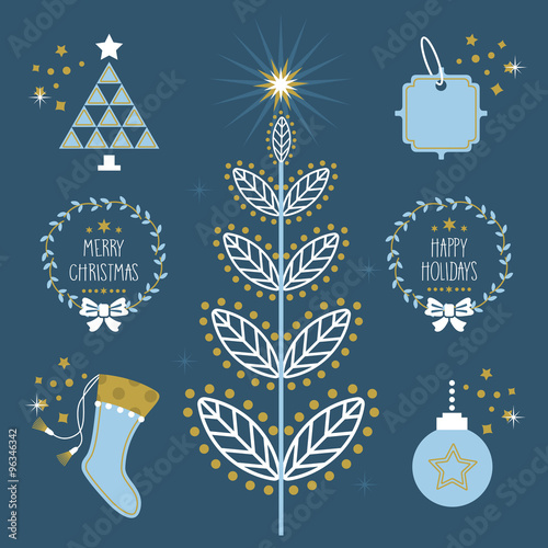 Trendy blue Christmas Holiday flat symbols and icons set with sparkles
