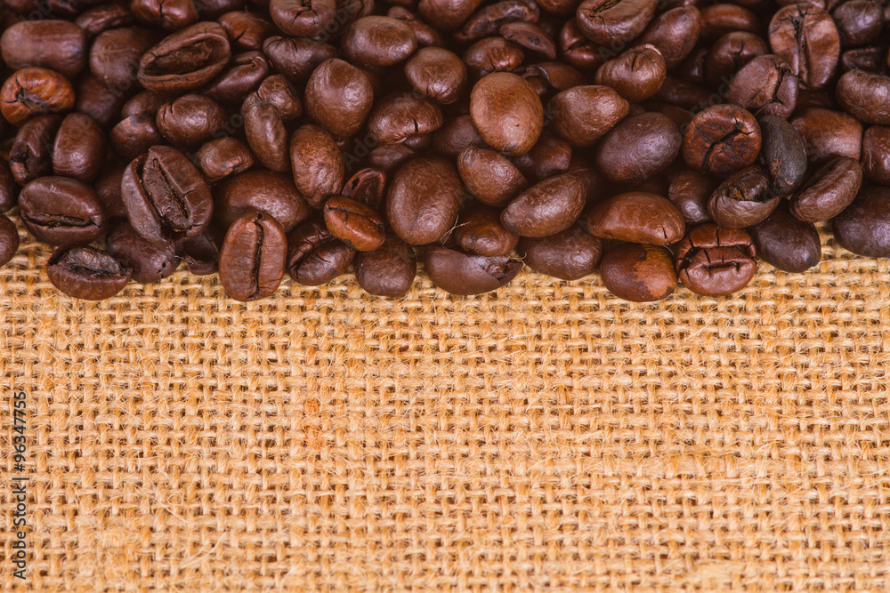 Canvas and Coffee Beans Photo Background. Copy Space Canvas and Coffee Beans Photo Background. Copy Space