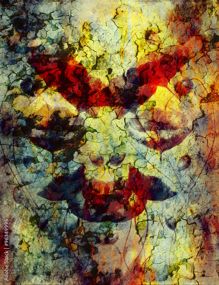 Red poppy on color background. Red flower on abstract color background with desert crackle structure. Red poppy on color background. Red flower on abstract color background with desert crackle structure.