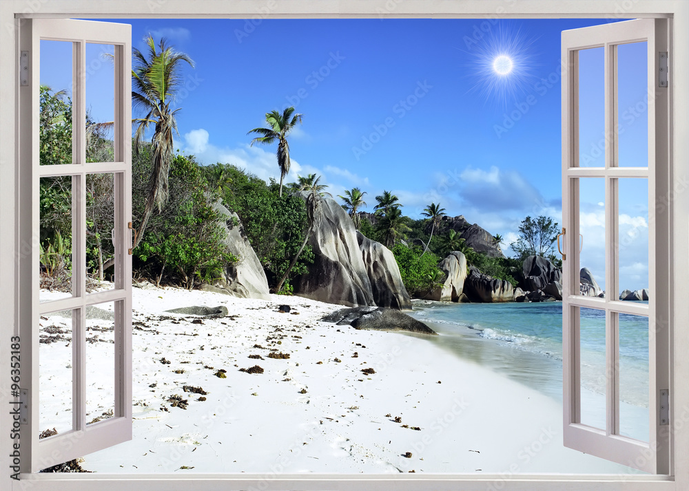 Fototapeta Open window view to sand beach, Seychelles