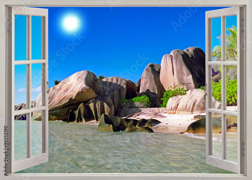 Open window view to sand beach, Seychelles