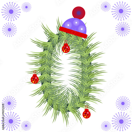 Vector illustration of tree font. Winter alphabet number. Green stylized figure with Christmas decorations, cap and snowflakes. Series of Letters, Numbers and Symbols.