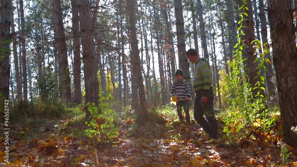 Young Father And Son Walking In Autumn Forest Young Father And Son Walking In Autumn Forest